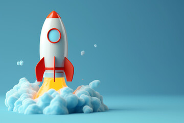Illustration of rocket and copy space for start up business and bitcoins advertise. Flat background - Ai generated