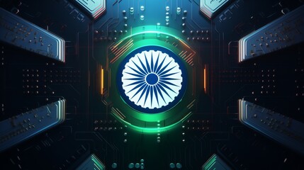 A striking computer-generated image featuring the Indian flag emerging powerfully in a futuristic tech corridor