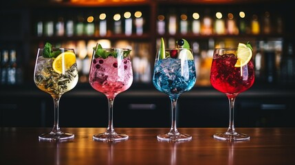 An array of vibrant, colorful cocktails beautifully presented on a bar counter with a background of shelves filled with bottles