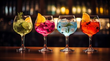 A selection of elegant gin cocktails, each adorned with different garnishes, creating an enticing visual appeal on the bar