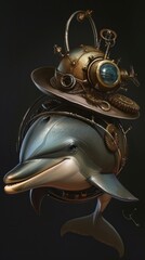 A close up of a dolphin wearing a hat. Surreal illustration with steampunk and wild west elements.