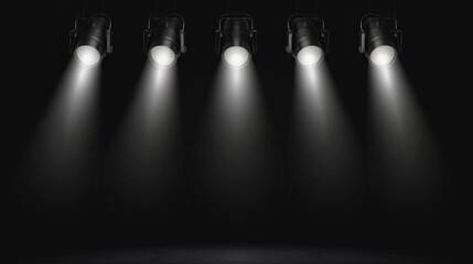 This image captures a row of stage lights beaming down onto a dark, empty stage setting an atmospheric scene