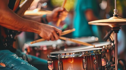 A close-up shot of a drummer in action during a live performance, filled with intensity and passion...