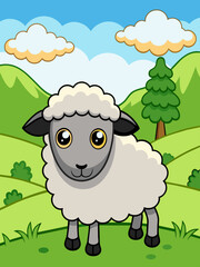 A flock of sheep grazes peacefully on a lush green meadow framed by towering mountains.