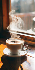 Xícara de Café Fumegante com Arte em Latte