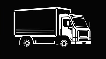 A vector illustration of a delivery truck in white outline against a black background, depicting logistics and transport