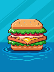 A sandwich sits on a plate with water in the background.