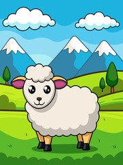 Sheep graze peacefully on a rolling green pasture, surrounded by distant mountains