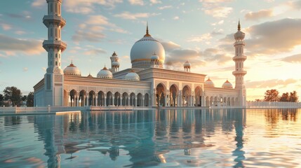 A large white mosque building sitting next to a body of water. - obrazy, fototapety, plakaty