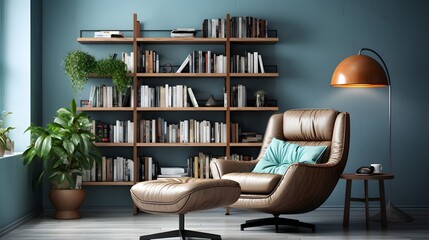 scandinavian bookcase with armchair in modern cozy interior of room. Home library with book shelf