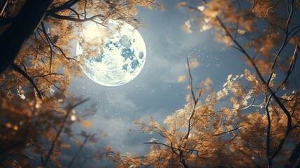Ethereal image of a full moon casting a glow on golden leaves, offering a surreal perspective nestled among branches