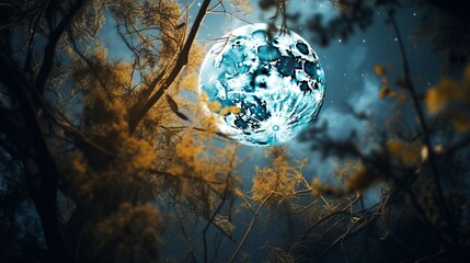 A surreal depiction of an intensely blue full moon interwoven with the stark branches of winter trees against a moody sky