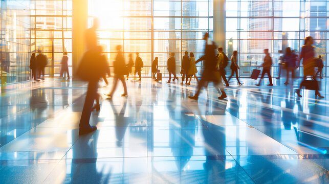 Abstract defocused shapes of office business people. Bright business workplace with people in walking in blurred motion in modern office space, Ai generated image