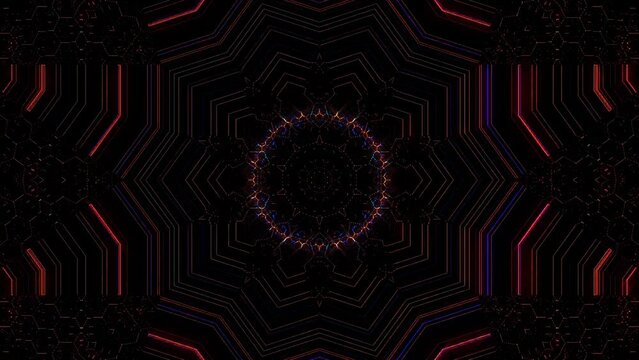 Abstract Kaleidoscope pattern with full colors. Magic mandala. 4k lines colorful light shining round shape in center, black background	