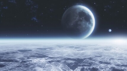 A mesmerizing night sky with two moons above a vast expanse of icy landscape renders a surreal and extraterrestrial atmosphere