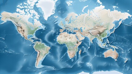 An intricate topographic map showing the detailed contours of the Earth's continents amidst a deep blue ocean