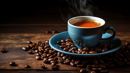 A steaming cup of aromatic coffee sits beside coffee beans on a blue saucer