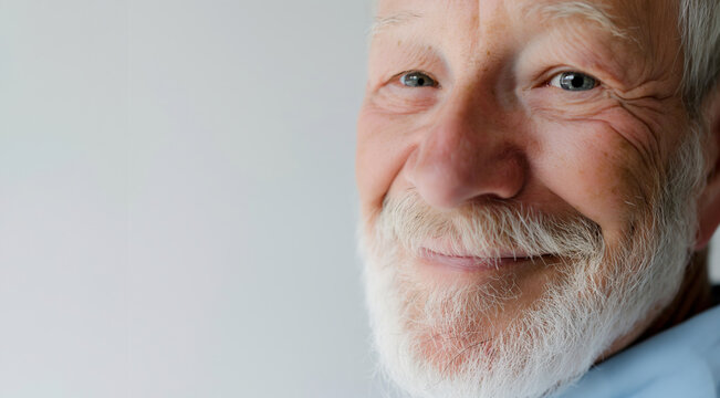 Smiling Elderly Man with White Beard, Twinkling Eyes, and a Warm Expression, banner with copy space