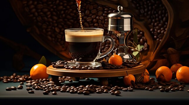 This image presents an espresso coffee in a glass cup, surrounded by coffee beans, citrus fruits, and a French press on a wooden stand