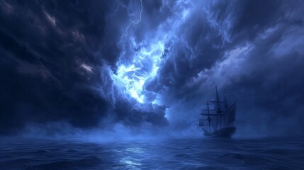 This captivating scene depicts a lone ship at sea witnessing the magnificent but terrifying spectacle of a nearby lightning strike - obrazy, fototapety, plakaty