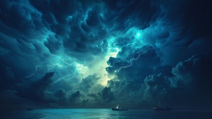A dramatic scene showing a stormy sea at night under a threatening sky with lightning bolts, highlighting the power of nature - obrazy, fototapety, plakaty