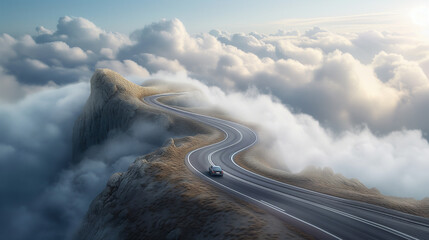 A car driving on a winding road between the clouds, indicating the concept of the difficulty of reaching the goal - Ai generated