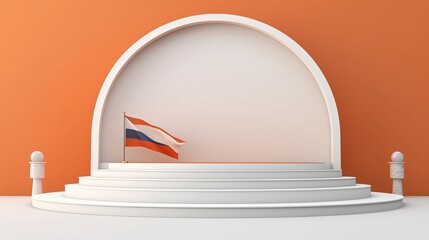A white architectural dome set against a pastel orange background, featuring the Thai national flag represents cultural pride and heritage