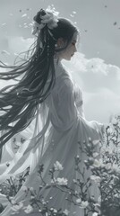 Fototapeta na wymiar A woman in a white dress walking through a field of flowers. Diverse character art for fantasy novels.