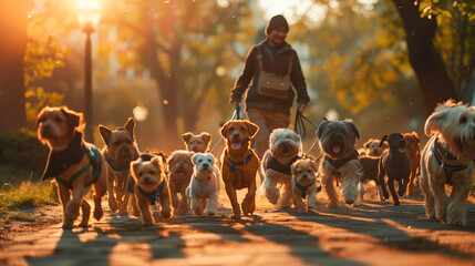A photograph capturing a dog walker in action, skillfully managing a diverse pack of energetic dogs along a tree-lined pathway in a scenic park. With a sense of responsibility and expertise, the walke - obrazy, fototapety, plakaty