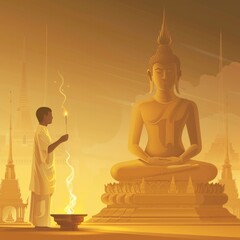 Vesak Day Devotion: Lighting Incense Before Buddha Statue