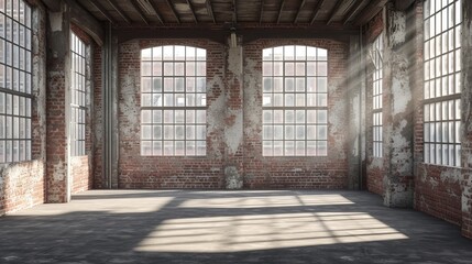 Empty industrial loft with natural light, large windows and a distressed brick wall for a rustic feel