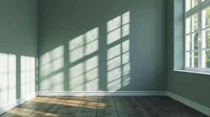 Fototapeta premium The play of light and shadow creates a geometric pattern across the walls of a room with green paint, offering a natural and peaceful atmosphere
