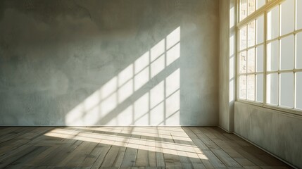 Gentle sunlight streams through a large window casting a sharp grid of shadows onto a plastered wall, suggesting warmth and comfort