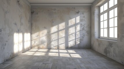 A subtle play of light and shadows through a window in a room with old textured walls and contemporary wooden flooring