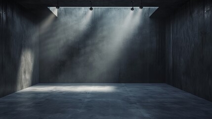 An atmospheric dark room with sunlight streaming through an opening in the ceiling, creating rays...