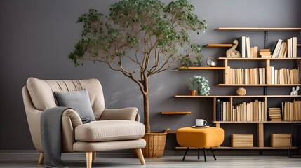 scandinavian bookcase with armchair in modern cozy interior of room. Home library with book shelf