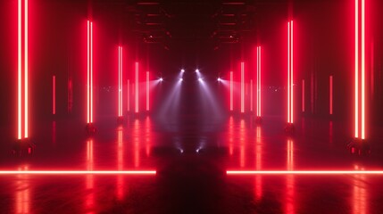 A sci-fi inspired futuristic stage setting with bright red neon lines creating a striking visual
