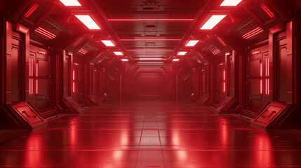 An image depicting a brightly illuminated hallway inside a spaceship with a distinct sci-fi red ambience