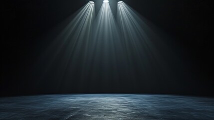 An atmospheric image capturing the drama of three spotlights highlighting an empty stage with a smokey ambience - obrazy, fototapety, plakaty