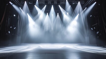 A strong theatrical presence with bright white stage lighting shining down on an empty stage platform - obrazy, fototapety, plakaty