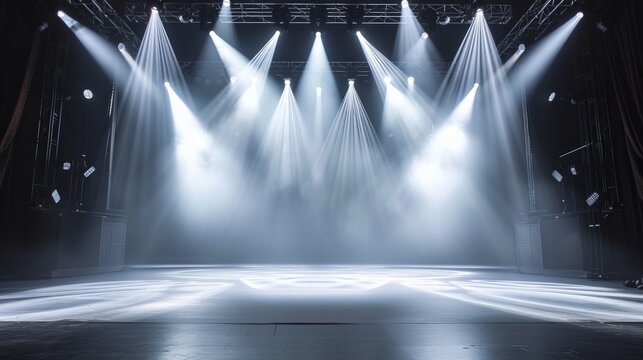 A strong theatrical presence with bright white stage lighting shining down on an empty stage platform
