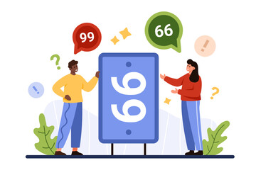 Differences in interpretation of ambiguous facts, different perspectives on experience and attention bias. Tiny man and woman argue about whether they see 66 or 99 number cartoon vector illustration