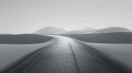 A black and white photo of a road in the desert.