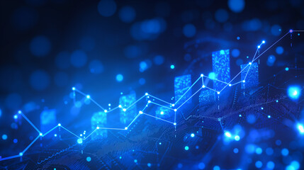 Abstract glowing big data forex candlestick chart on blurry city backdrop. Trade, technology, investment and analysis concept