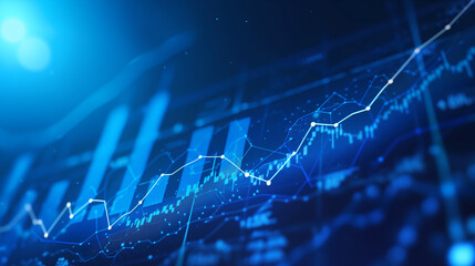 Abstract glowing big data forex candlestick chart on blurry city backdrop. Trade, technology, investment and analysis concept