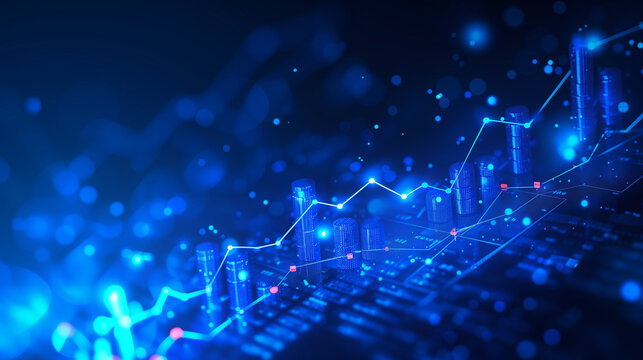 Abstract glowing big data forex candlestick chart on blurry city backdrop. Trade, technology, investment and analysis concept