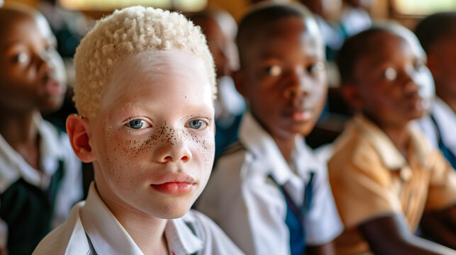 African Albino boy in a school classroom surrounded by his African friendsAlbinism is an inherited condition that leads to someone having very light skin, hair, and eyes