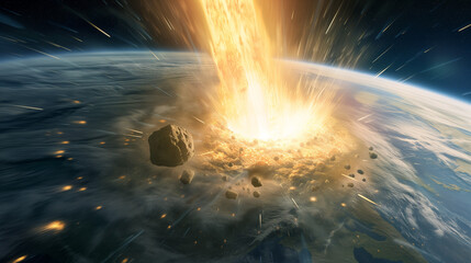 Dangerous asteroid hits planet Earth, total disaster and life extinction. Concept