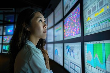 Woman looking at multiple displays reviewing data.