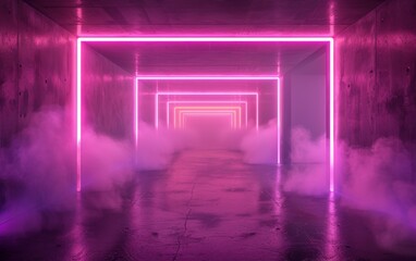 Fototapeta premium Surreal Photography of a hallway lined with 3D neon lights, dimly lit, fog